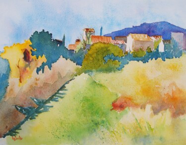 Painting titled "Montpeyroux, le Bar…" by Jean-Noël Le Junter, Original Artwork, Watercolor Mounted on Wood Panel