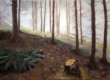 Painting titled "Brouillards en forê…" by Jnm, Original Artwork, Oil