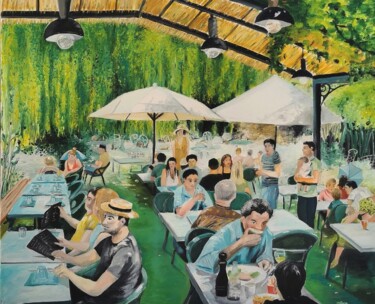 Peinture intitulée "Le café du village" par Jean Noel Remy, Œuvre d'art originale, Huile