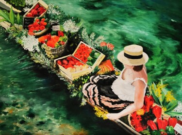 Peinture intitulée "Marché flottant de…" par Jean Noel Remy, Œuvre d'art originale, Huile