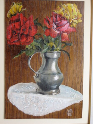 Peinture intitulée "Napperon aux roses" par Jean Paul Birebent, Œuvre d'art originale, Huile