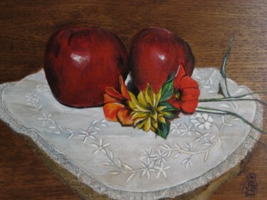 Peinture intitulée "Pommes et Capucines" par Jean Paul Birebent, Œuvre d'art originale, Huile