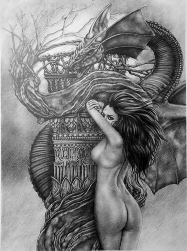 Drawing titled "La femme dragon" by Jean Paul Boyer, Original Artwork, Pencil