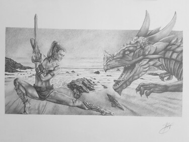 Disegno intitolato "La guerriere au dra…" da Jean Paul Boyer, Opera d'arte originale, Matita