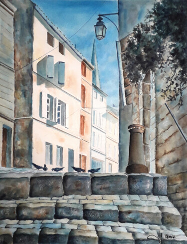 Malerei mit dem Titel "Promenade dans la v…" von Jean-Paul Ramon, Original-Kunstwerk, Aquarell
