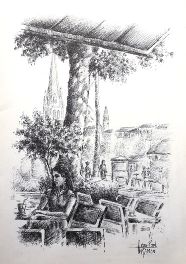 Картина под названием "Evasion en terrasse…" - Jean-Paul Ramon, Подлинное произведение искусства, Чернила
