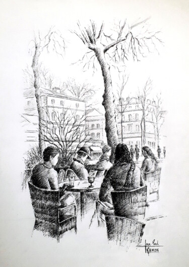 「Dimanche paisible」というタイトルの絵画 Jean-Paul Ramonによって, オリジナルのアートワーク, インク