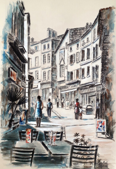 Картина под названием "Au fil des rues..." - Jean-Paul Ramon, Подлинное произведение искусства, Акварель