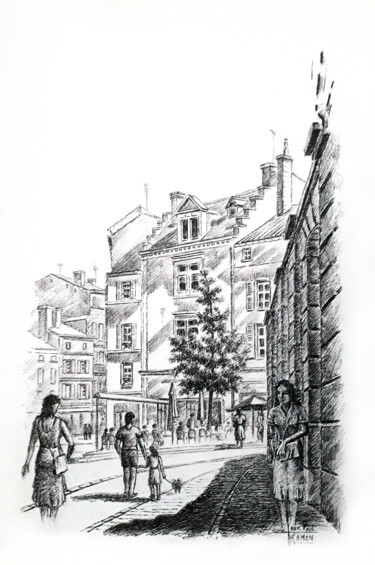 Zeichnungen mit dem Titel "Tous en promenade" von Jean-Paul Ramon, Original-Kunstwerk, Tinte