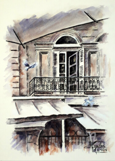 Malerei mit dem Titel "Côté terrasses" von Jean-Paul Ramon, Original-Kunstwerk, Aquarell