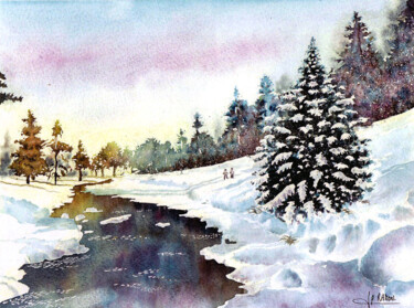 Pintura intitulada "La neige et les enf…" por Jean-Paul Ramon, Obras de arte originais, Aquarela