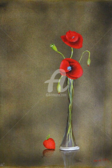 Painting titled "Fraise coquelicots" by Jean Paul Tersin, Original Artwork, Oil