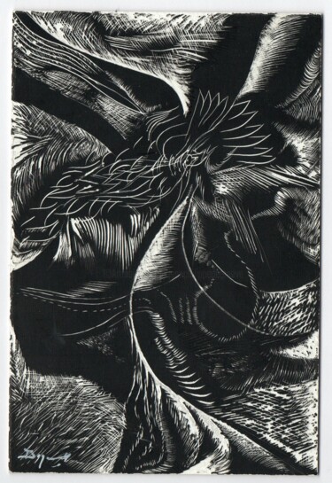 Druckgrafik mit dem Titel "L'oiseau qui cherch…" von Jean-Philippe Degraeve, Original-Kunstwerk, Gravur
