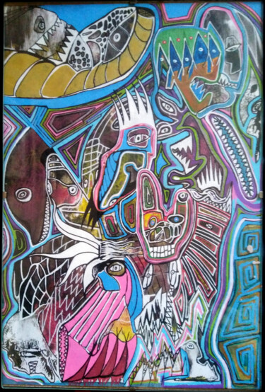 Painting titled "Itzamná" by Jean Philippe Desmoulins, Original Artwork, Gel pen Mounted on Wood Panel