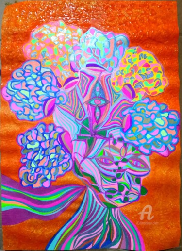 Painting titled "The Flower Child" by Jean Philippe Desmoulins, Original Artwork, Ballpoint pen Mounted on Wood Panel
