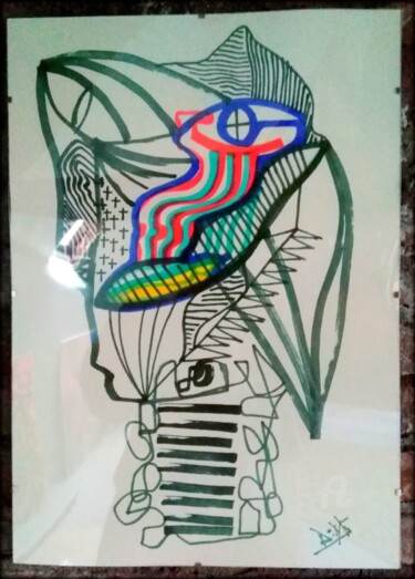 Painting titled "Alien" by Jean Philippe Desmoulins, Original Artwork, Marker Mounted on Wood Panel
