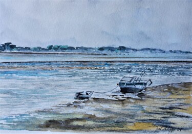 Painting titled "Bateau de pêche au…" by Jean-Philippe Guffroy, Original Artwork, Watercolor