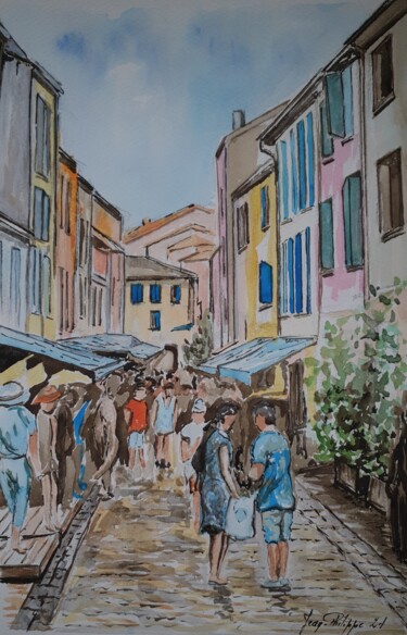 Pittura intitolato "Rue commerçante à S…" da Jean-Philippe Guffroy, Opera d'arte originale, Acquarello