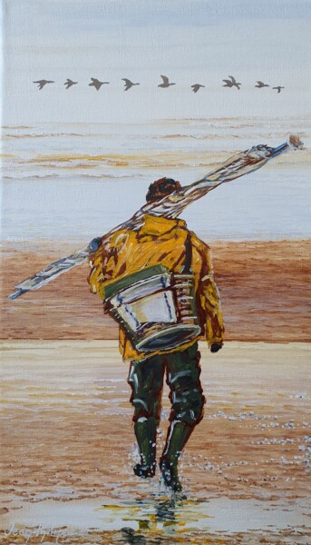 Painting titled "Pêcheur de crevette…" by Jean-Philippe Guffroy, Original Artwork, Oil Mounted on Wood Stretcher frame