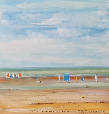 Painting titled "Chars à voile" by Jean-Philippe Guffroy, Original Artwork, Oil Mounted on Other rigid panel