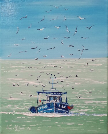 Malarstwo zatytułowany „Retour de pêche” autorstwa Jean-Philippe Guffroy, Oryginalna praca, Olej Zamontowany na Drewniana ra…
