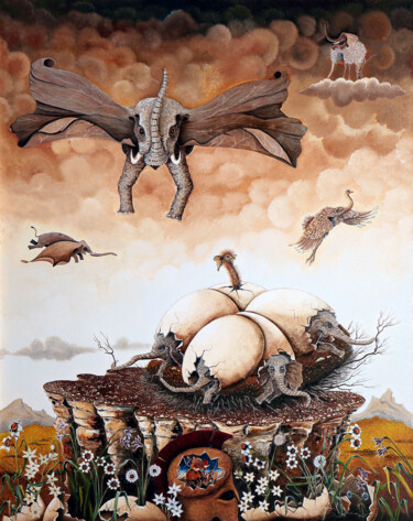 Malerei mit dem Titel "Elephantasmagorie" von Jean-Pierre Argillier, Original-Kunstwerk, Öl Auf Keilrahmen aus Holz montiert