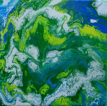 Green 003 Carré 20x20 - Pouring Peinture intitulée "Green 003 Carré 20x…" par Jean-Pierre Beillard, Œuvre d'art originale, Acrylique