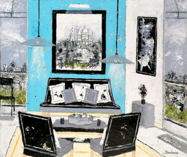 Painting titled "Intérieur bleu" by Jean-Pierre Borderie, Original Artwork, Acrylic Mounted on Wood Stretcher frame