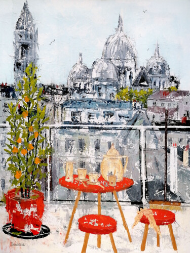 Painting titled "La petite terrasse…" by Jean-Pierre Borderie, Original Artwork, Acrylic Mounted on Wood Stretcher frame