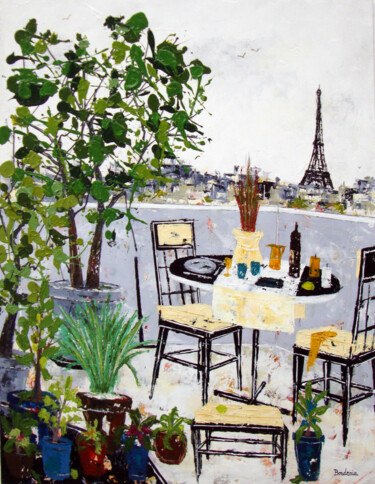 Painting titled "Terrasse d'hiver à…" by Jean-Pierre Borderie, Original Artwork, Acrylic Mounted on Wood Stretcher frame