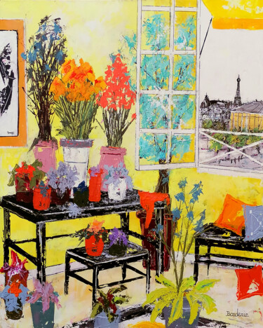Peinture intitulée "Bouquets fond jaune" par Jean-Pierre Borderie, Œuvre d'art originale, Acrylique Monté sur Châssis en bois