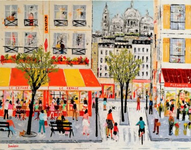 Painting titled "Scène de rue à Paris" by Jean-Pierre Borderie, Original Artwork, Acrylic Mounted on Wood Stretcher frame