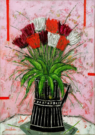 Painting titled "Bouquet fond rose." by Jean-Pierre Borderie, Original Artwork, Acrylic