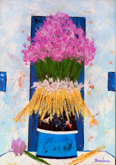 Peinture intitulée "Fleurs sur fond bleu" par Jean-Pierre Borderie, Œuvre d'art originale, Acrylique