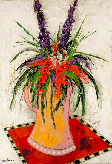 Painting titled "Bouquet au tapis ro…" by Jean-Pierre Borderie, Original Artwork, Acrylic Mounted on Wood Stretcher frame