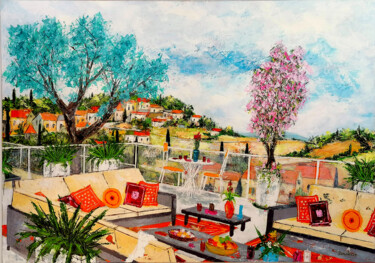 Картина под названием "La terrasse à l'oli…" - Jean-Pierre Borderie, Подлинное произведение искусства, Акрил Установлен на Д…