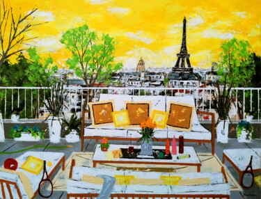 Painting titled "La terrasse blanche." by Jean-Pierre Borderie, Original Artwork, Acrylic Mounted on Wood Stretcher frame