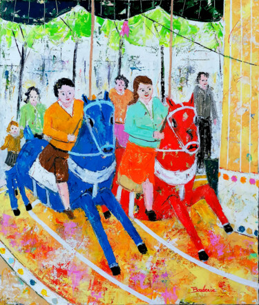 Painting titled "Les chevaux de bois…" by Jean-Pierre Borderie, Original Artwork, Acrylic Mounted on Wood Stretcher frame