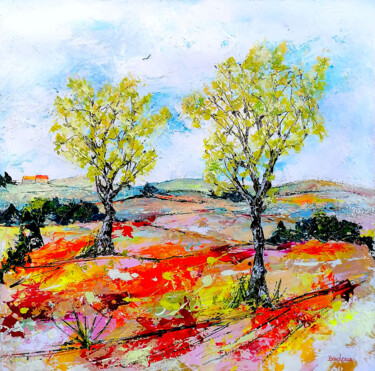 Painting titled "Les deux arbres dan…" by Jean-Pierre Borderie, Original Artwork, Acrylic Mounted on Wood Stretcher frame