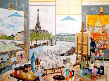 Painting titled "Atelier Parisien." by Jean-Pierre Borderie, Original Artwork, Acrylic Mounted on Wood Stretcher frame