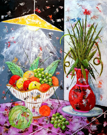 Malerei mit dem Titel "Corbeille de fruits…" von Jean-Pierre Borderie, Original-Kunstwerk, Acryl Auf Keilrahmen aus Holz mon…