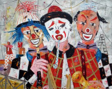 Schilderij getiteld "Les trois clowns mu…" door Jean-Pierre Borderie, Origineel Kunstwerk, Acryl