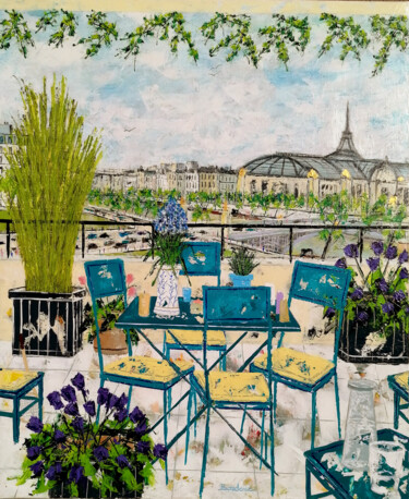 Malerei mit dem Titel "Terrasse devant le…" von Jean-Pierre Borderie, Original-Kunstwerk, Acryl Auf Keilrahmen aus Holz mont…