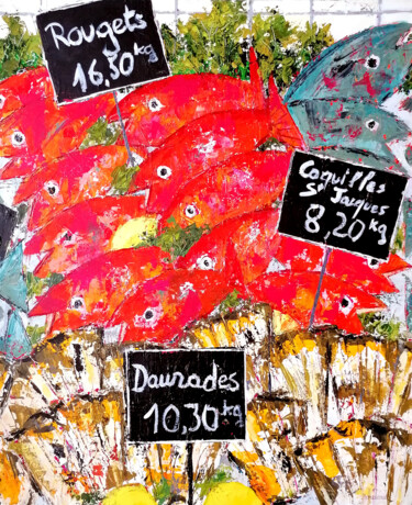 Painting titled "L'étal de poissons 2" by Jean-Pierre Borderie, Original Artwork, Acrylic Mounted on Wood Stretcher frame