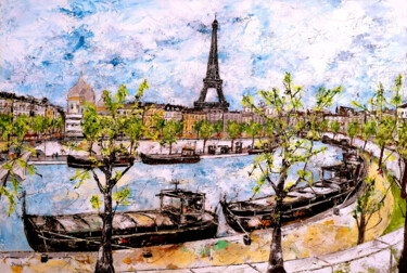 Painting titled "Péniches à quai le…" by Jean-Pierre Borderie, Original Artwork, Acrylic Mounted on Wood Stretcher frame