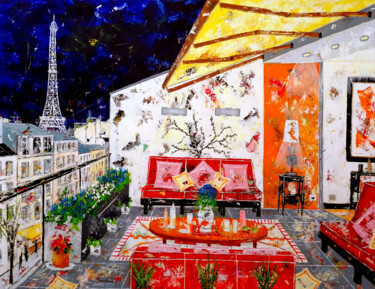 Schilderij getiteld "La terrasse un soir…" door Jean-Pierre Borderie, Origineel Kunstwerk, Acryl Gemonteerd op Frame voor ho…