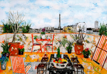 Painting titled "La terrasse en hive…" by Jean-Pierre Borderie, Original Artwork, Acrylic Mounted on Wood Stretcher frame