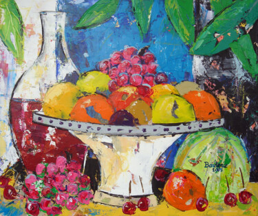 Painting titled "Coupe de fruits fon…" by Jean-Pierre Borderie, Original Artwork, Acrylic