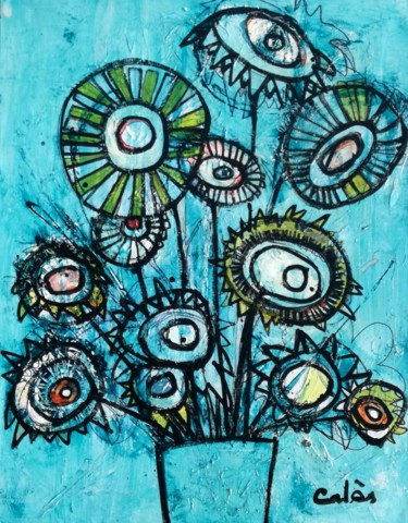 绘画 标题为“Fleurs bleues” 由Jean-Pierre Cales, 原创艺术品, 彩绘玻璃 安装在木板上