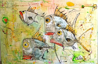 Painting titled "ban de poissons jau…" by Jean-Pierre Cales, Original Artwork, Stained glass painting Mounted on Aluminium